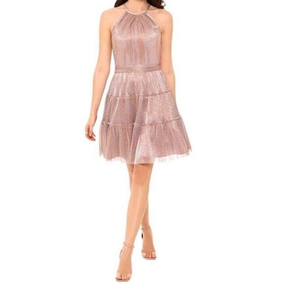 NEW‎ Xscape Womens 4 Pink Metallic Tiered Party Mini Dress prom formal - Picture 1 of 15